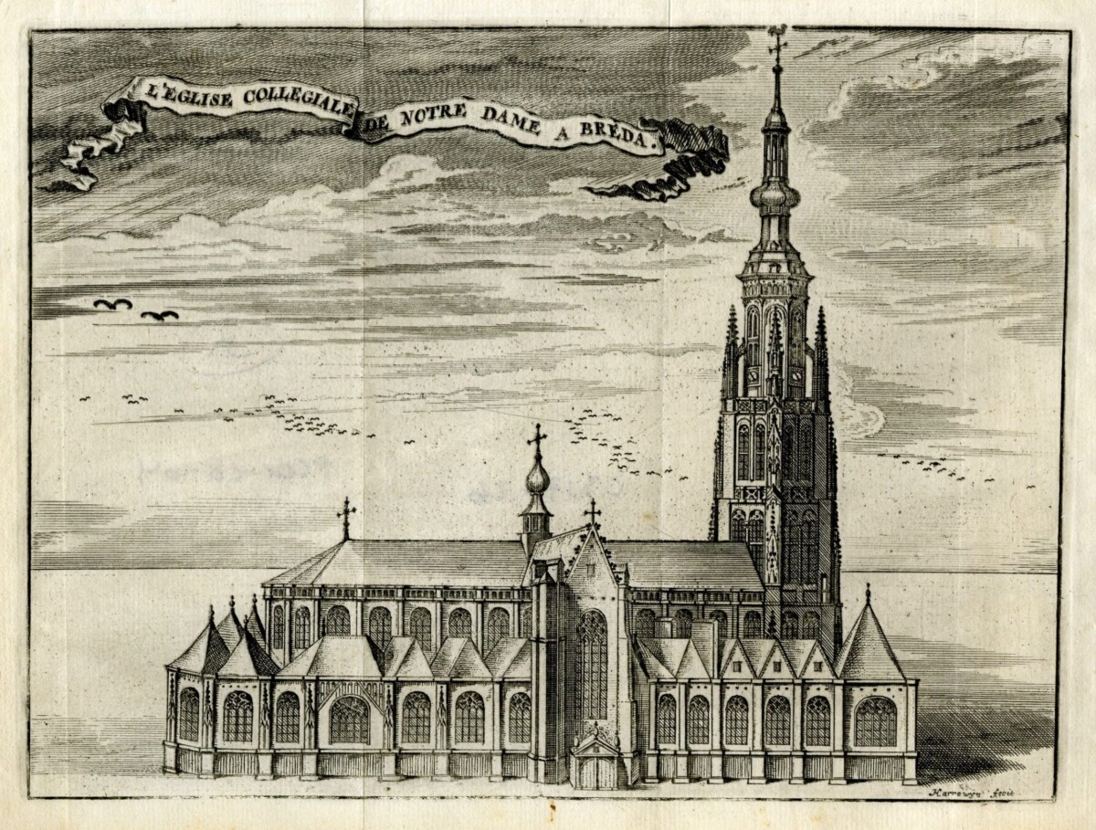 Antique print getiteld Leglise collegiale de notre dame a Breda Maker Jacobus Harrewijn